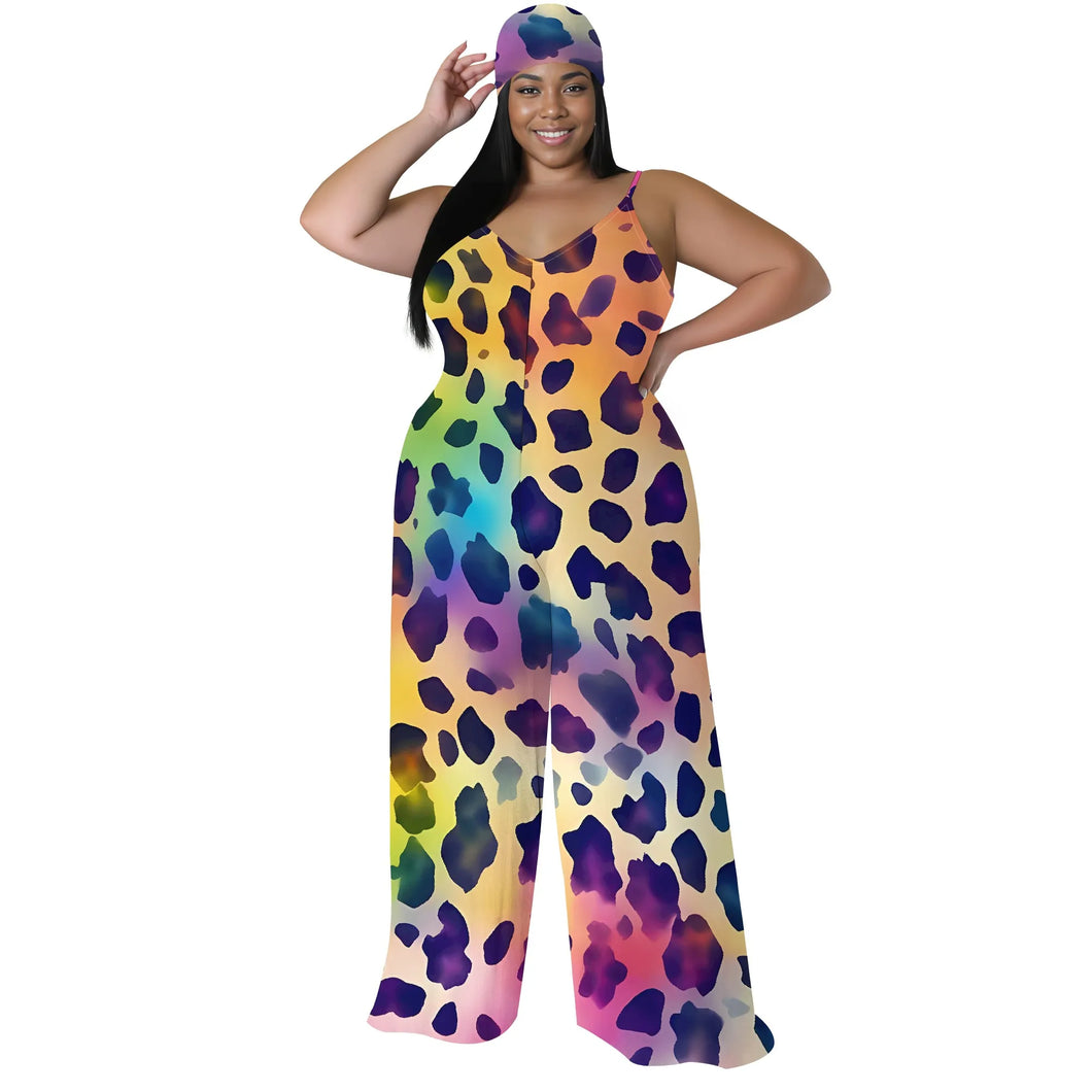 Colorful Leopard Print Jumpsuit with Headscarf