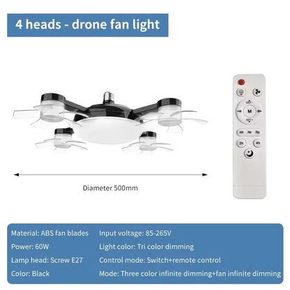 2-in-1 E27 Drone-Design Ceiling Fan Light with Remote Control (60W)