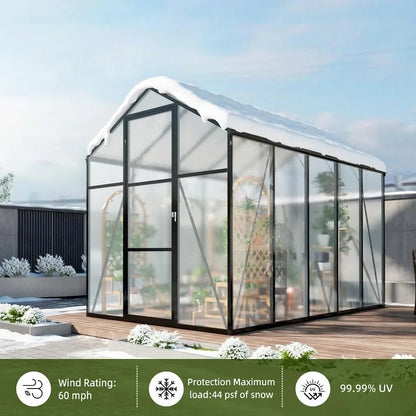 6*8.2FT Polycarbonate Greenhouse 7.2FT High, Enhanced Wind Protection & Stable Roof