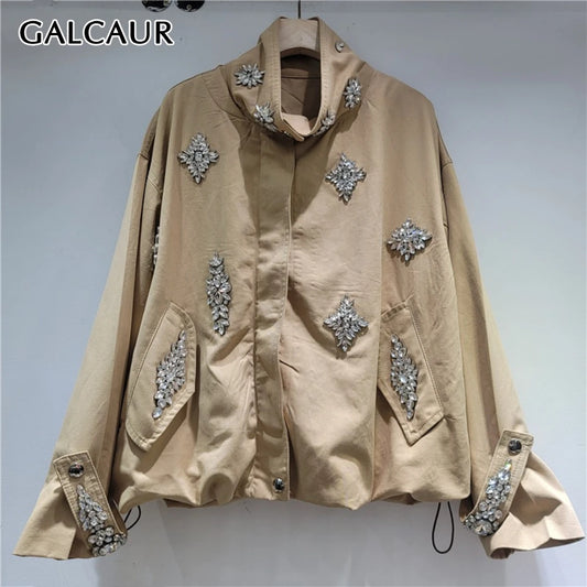 Khaki Diamond Streetwear Jacket for Women