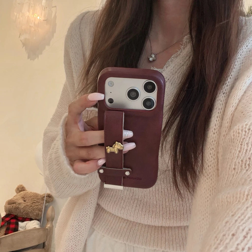 Retro Leather Texture iPhone Case with Wristband Strap & Card Holder