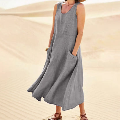 Women's Casual Sleeveless Cotton Linen Long Maxi Dress with Pockets