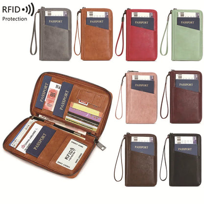 RFID Blocking Family Travel Passport Wallet – Zippered Multi-Card Organizer Wristlet