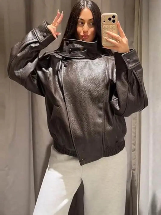 Women's Vintage Faux Leather Oversized Motorcycle Jacket – Casual Loose Streetwear