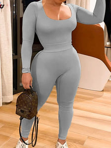 Two Piece Stretch Sporty Crop Top + Waistband Leggings Set