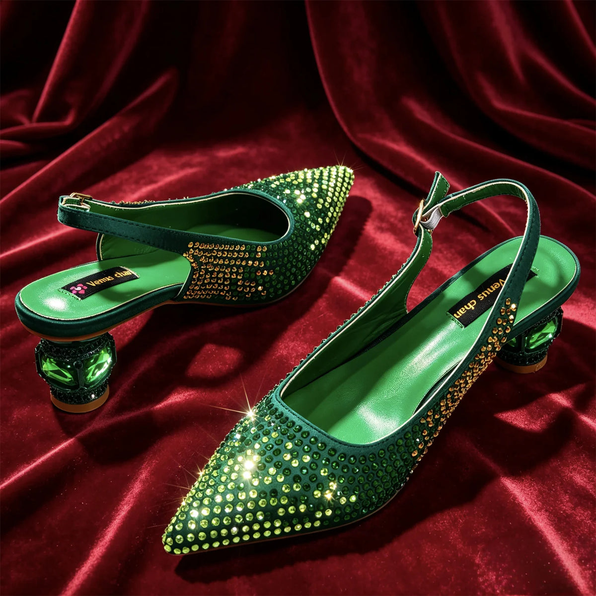 Emerald Green Rhinestone High Heels & Matching Handbag Set