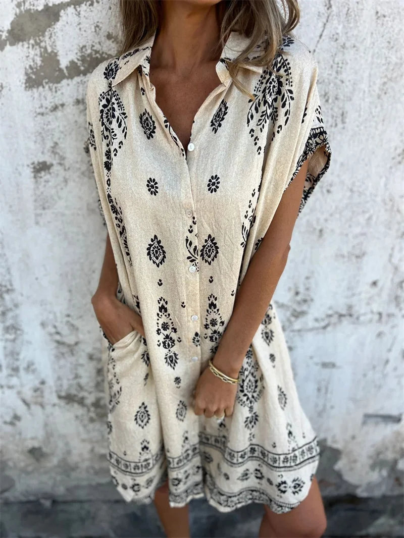 Women's Vintage Cotton Linen Single-Breasted Shirt Dress