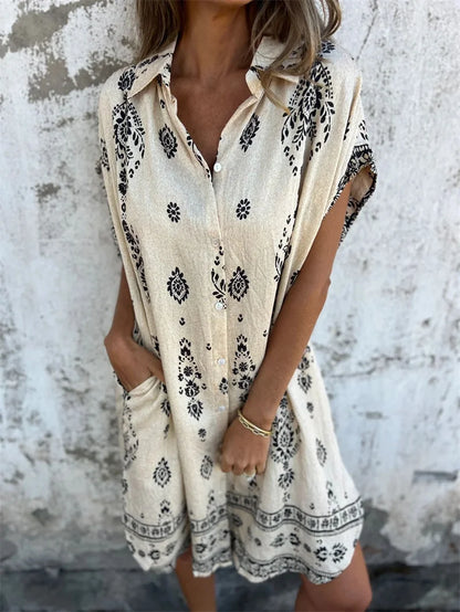 Women's Vintage Cotton Linen Single-Breasted Shirt Dress
