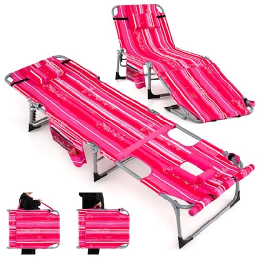 Pink Stripe 330LBS Capacity Beach Lounge Chair with Face Arm