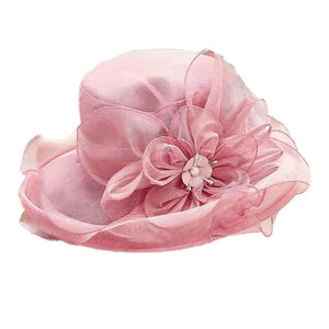 Organza Mesh Flower Embellished Wide Brim Hat
