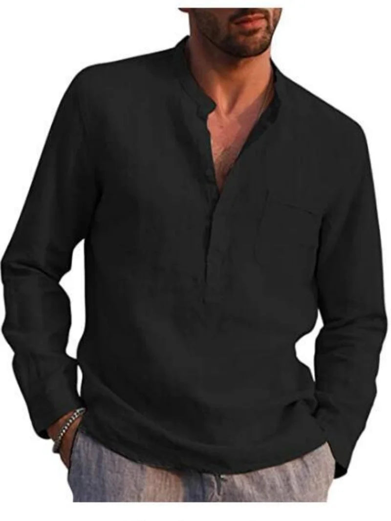 Men's Linen Long Sleeve Stand Collar Shirt