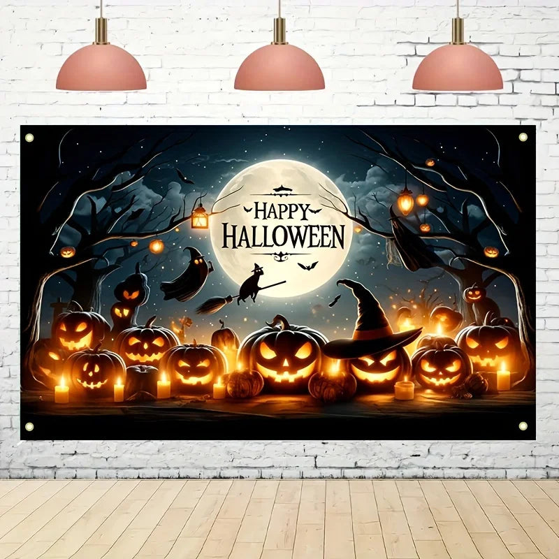 Art Deco Halloween Wall Banner Backdrop with Pumpkins, Witches, and Bats