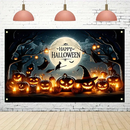 Art Deco Halloween Wall Banner Backdrop with Pumpkins, Witches, and Bats