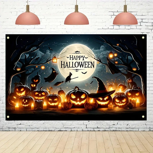 Art Deco Halloween Wall Banner Backdrop with Pumpkins, Witches, and Bats