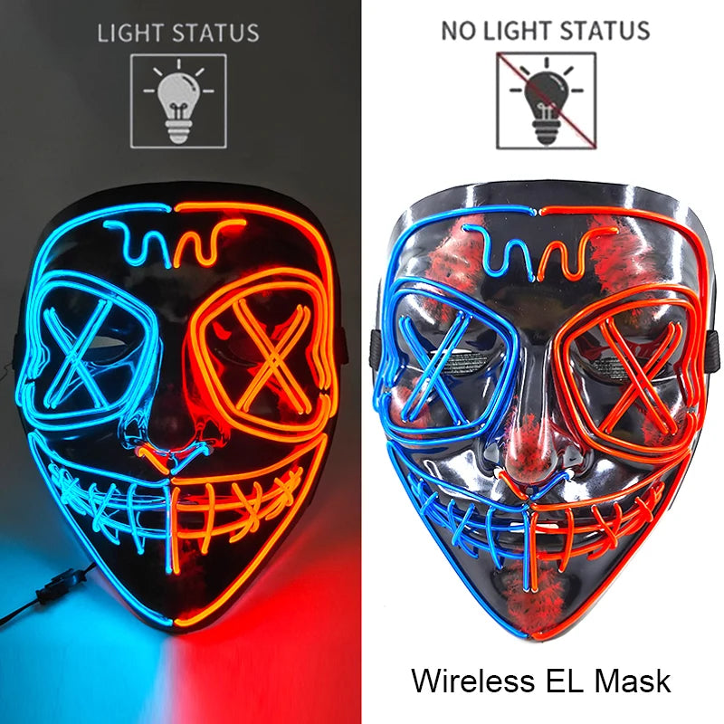 LED Light-Up Neon Wire Purge Mask – 3-Mode Halloween Horror Cosplay Mask for Adults