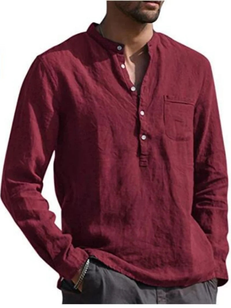 Men's Linen Long Sleeve Stand Collar Shirt