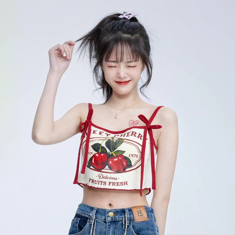 Cherry Print Crop Tank Top - Slim Fit Bow Camisole