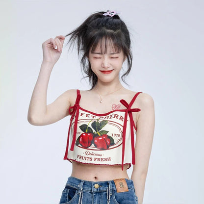 Cherry Print Crop Tank Top - Slim Fit Bow Camisole
