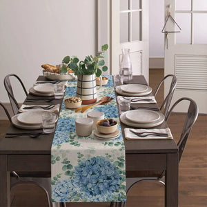 Blue Hydrangea Eucalyptus Plant Linen Table Runners