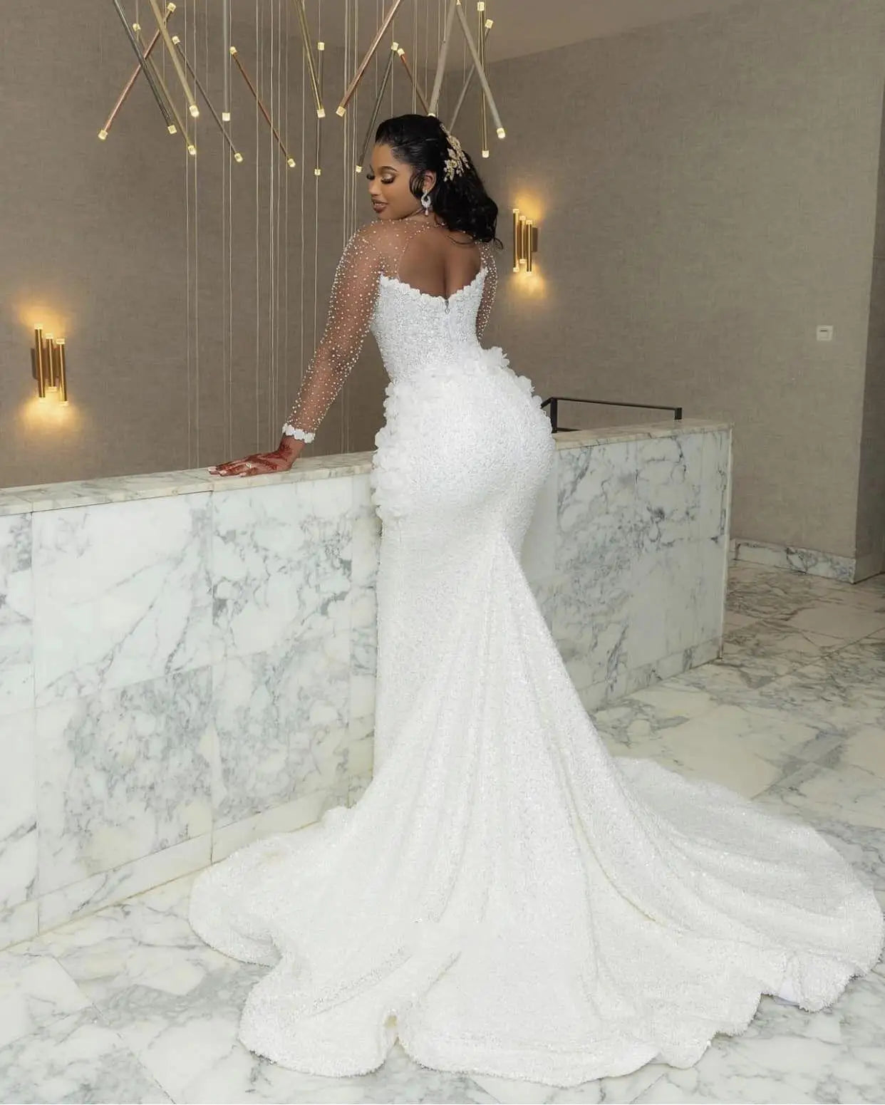 LOVEYING Elegant Scoop Neck Sequined & Beaded Mermaid Wedding Dress - Long Sleeve Lace-Up Bridal Gown with Sweep Train