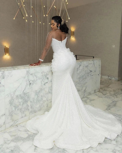 LOVEYING Elegant Scoop Neck Sequined & Beaded Mermaid Wedding Dress - Long Sleeve Lace-Up Bridal Gown with Sweep Train