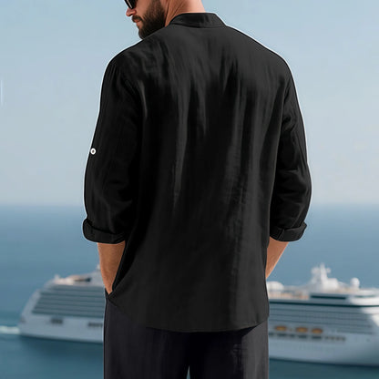 Men's White Linen Button-Down Mandarin Collar Vacation Shirt