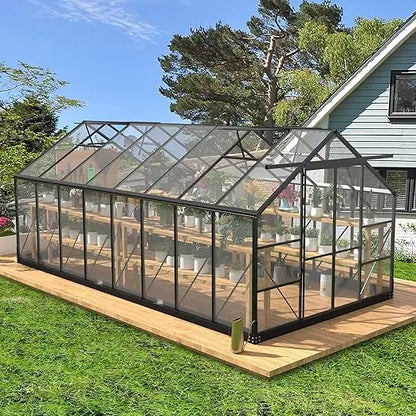 8x16Ft Polycarbonate Greenhouses with 4 Adjustable Roof Vents
