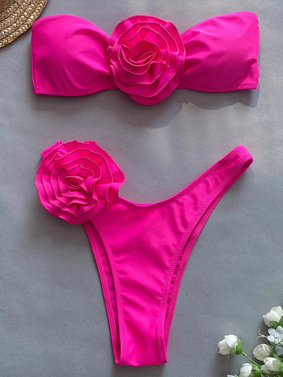 Women's Striped 3-Piece Bikini Set - Strapless Bandeau Top with Matching Beach Skirt Cover-Up