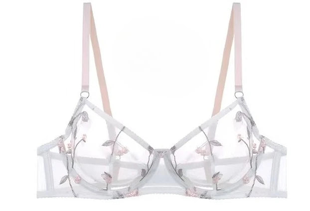 Women's Embroidered Mesh Sheer Bra & Thong Lingerie Set