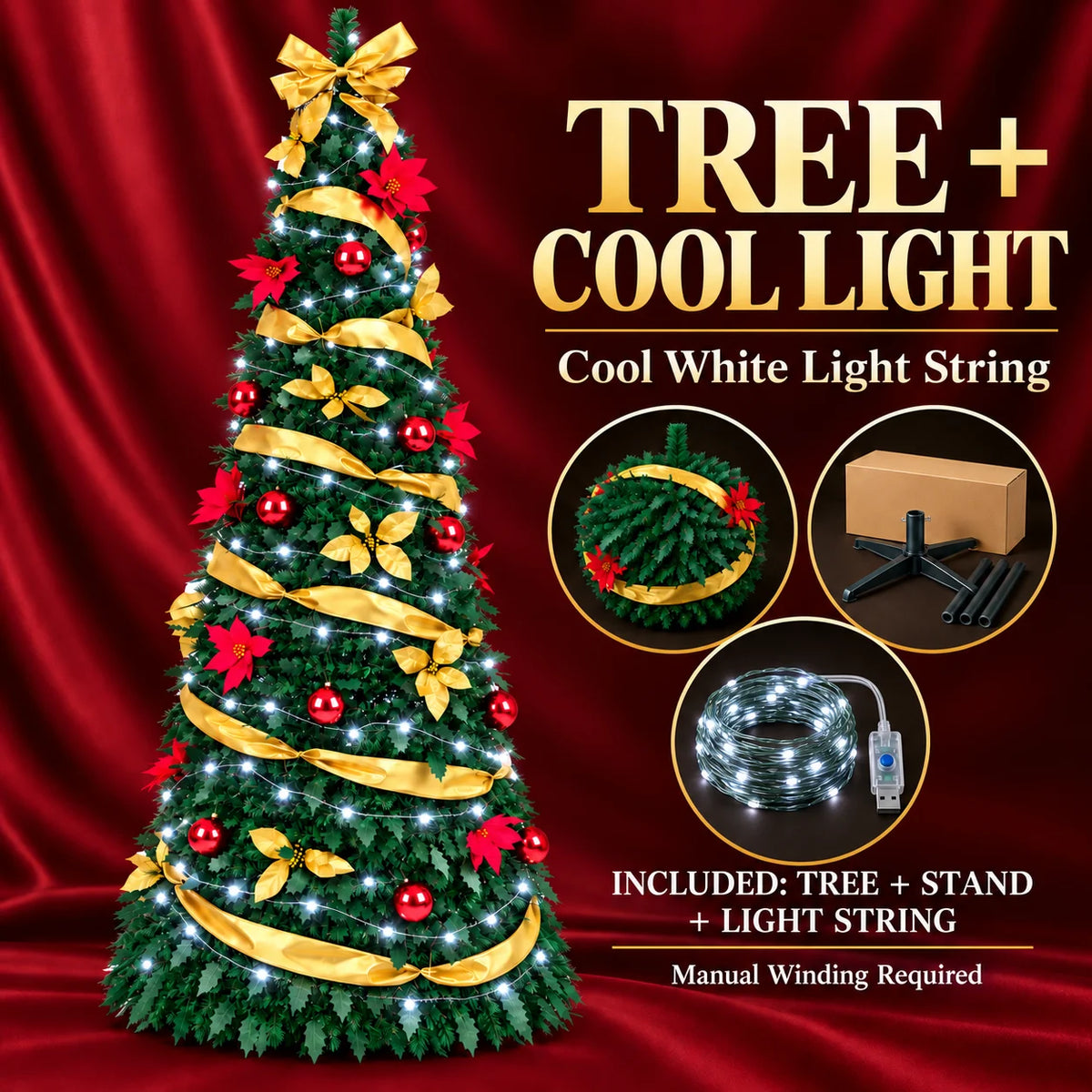 Pop-Up Pre-Decorated Foldable Christmas Tree – Space-Saving Artificial Holiday Xmas Tree with Ornaments & Lights