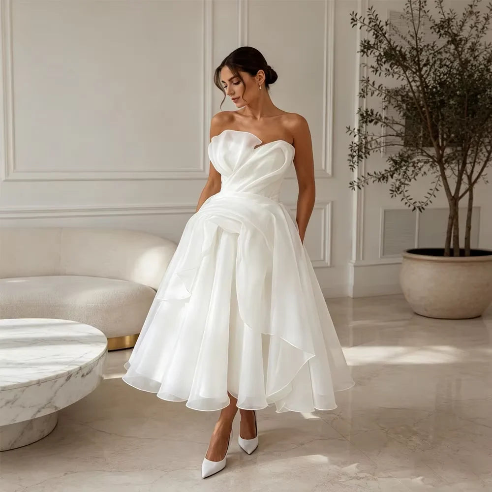 Elegant Strapless Organza A-Line Midi Wedding Dress – Civil Bridal Gown