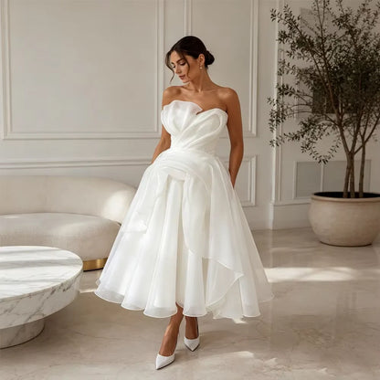 Elegant Strapless Organza A-Line Midi Wedding Dress – Civil Bridal Gown