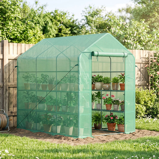 Outsunny 7' x 5' Walk-In Outdoor Garden Greenhouse with Shelves & PE Cover