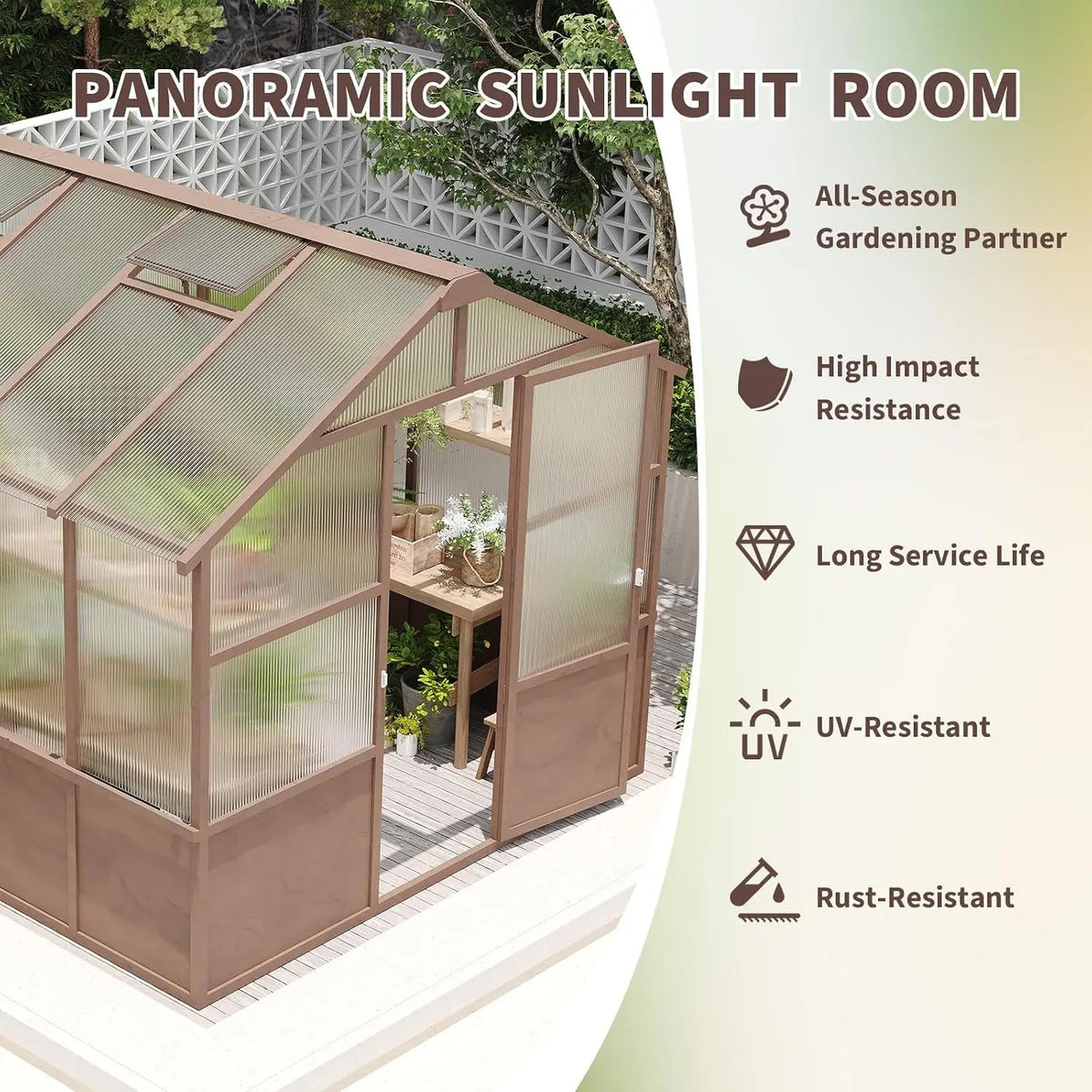 Walk-In Wooden Greenhouse with 6mm Twin-Wall Polycarbonate Panels