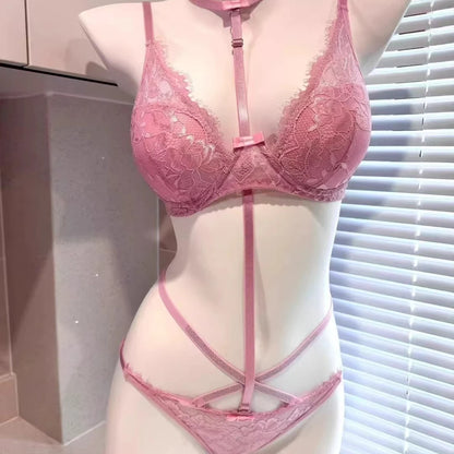 Pink Halter Neck Lace Bra Set