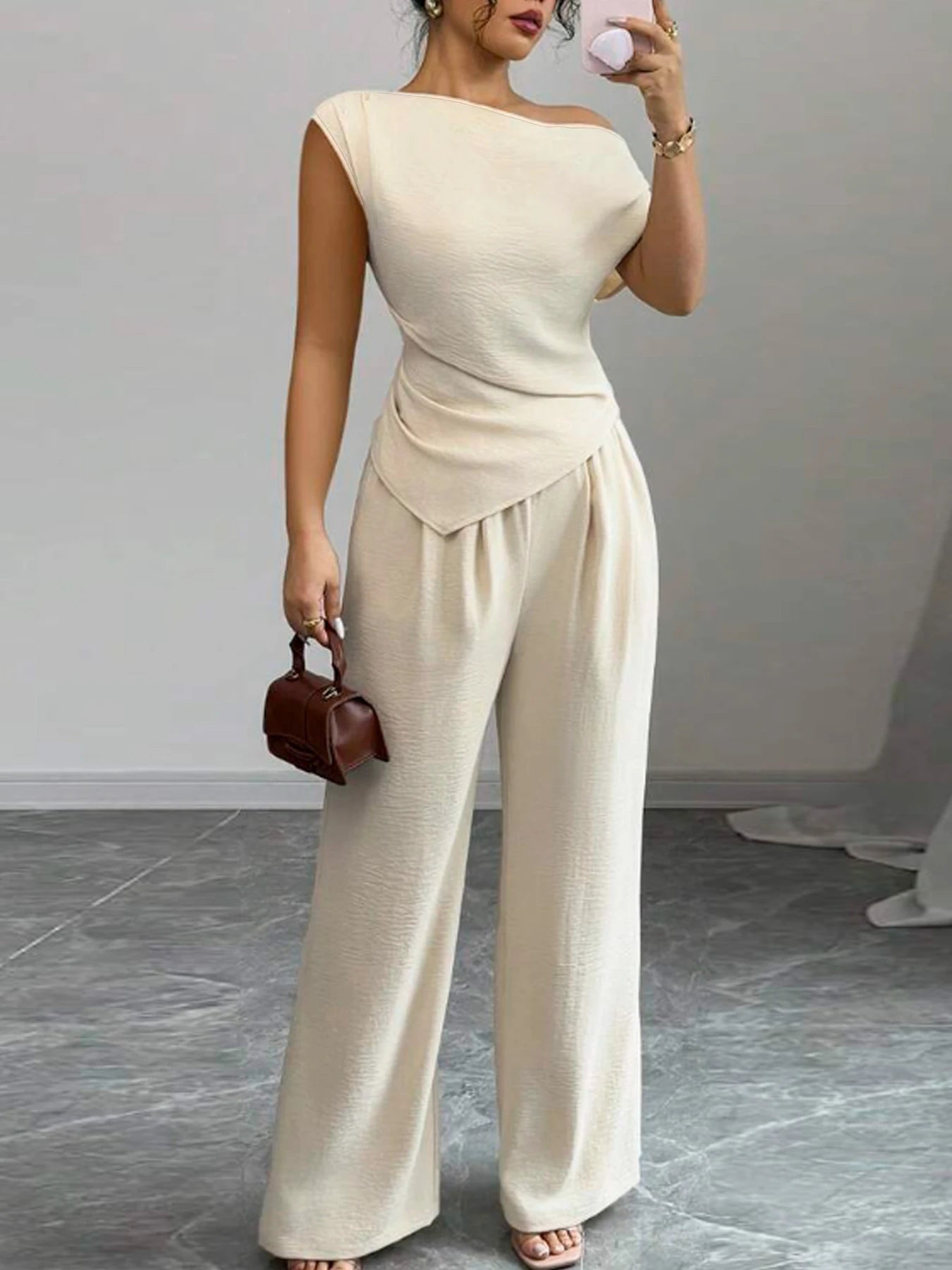 Women's Elegant Asymmetric Top & Wide-Leg Pants 2-Piece Set
