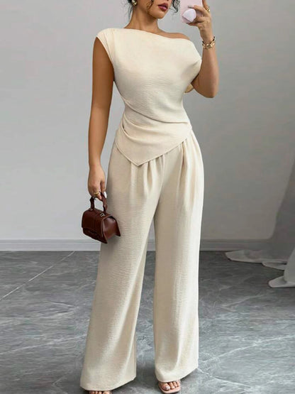 Women's Elegant Asymmetric Top & Wide-Leg Pants 2-Piece Set