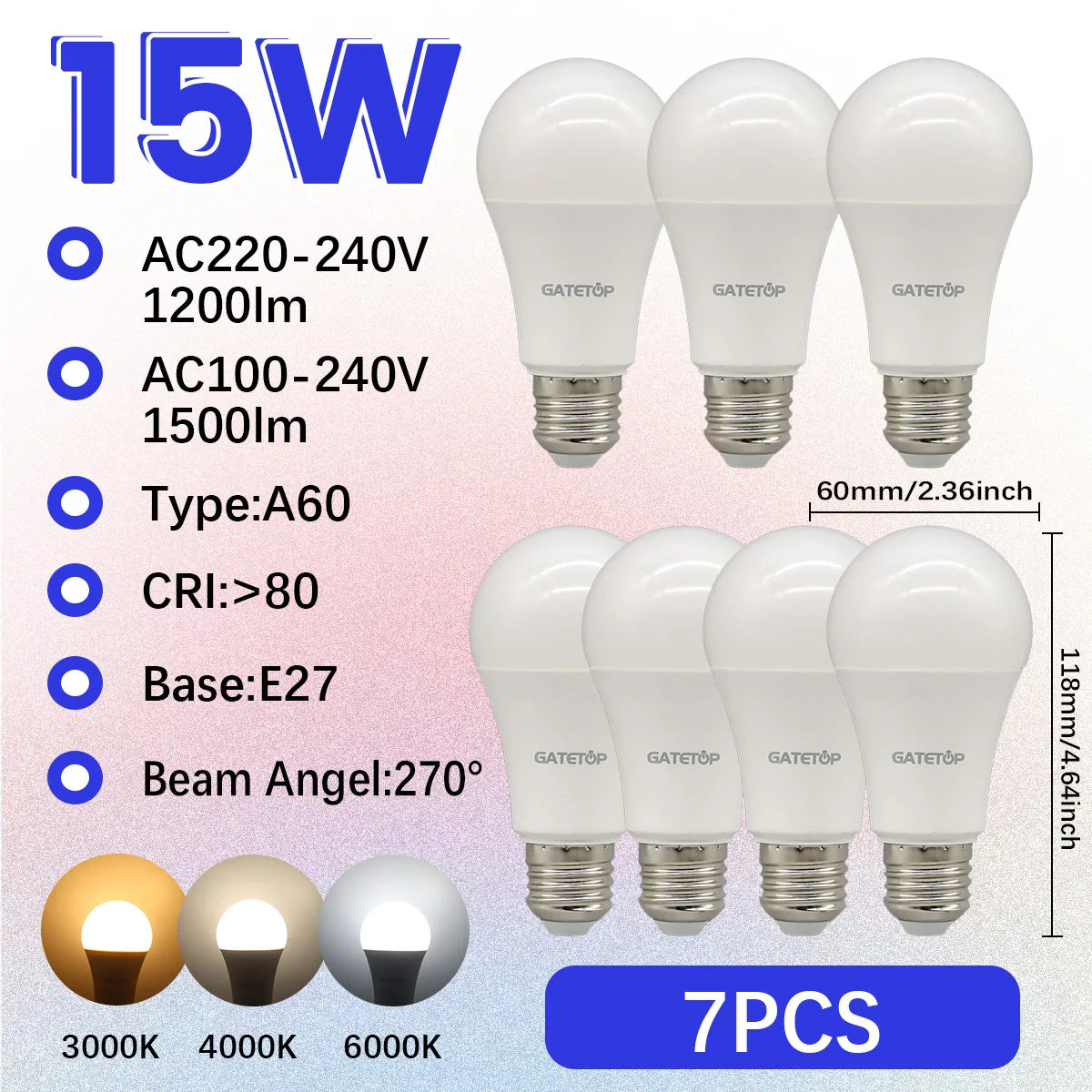 High-Efficiency Energy Saving LED Light Bulb – E27/B22 Base (15W / 3000K–6000K)