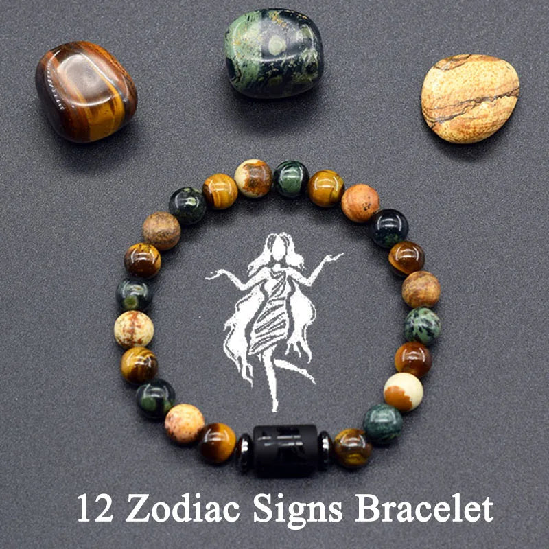 Natural Tiger Eye Stone 12 Zodiac Constellation Bead Bracelet