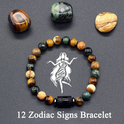 Natural Tiger Eye Stone 12 Zodiac Constellation Bead Bracelet
