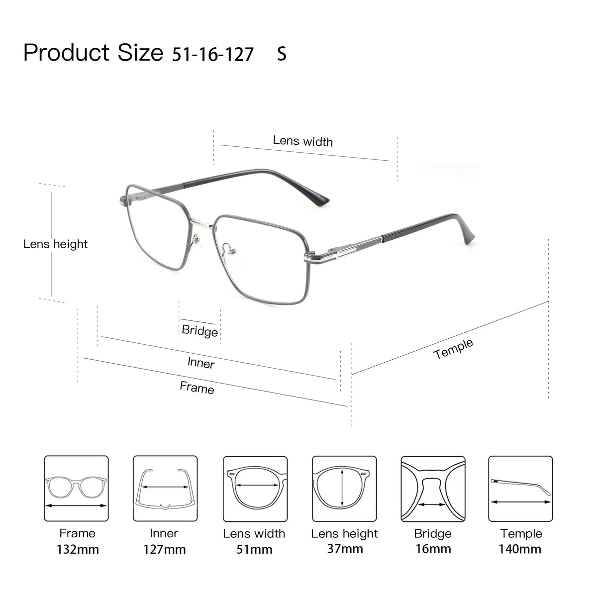 ZENOTTIC S Size Square Prescription Glasses for Men, Anti-Blue Light Metal Optical Frames
