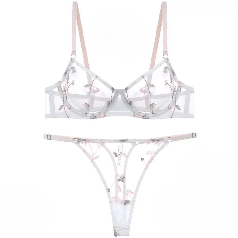 Women's Embroidered Mesh Sheer Bra & Thong Lingerie Set