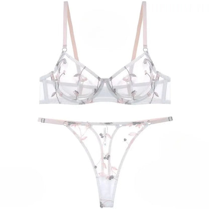 Women's Embroidered Mesh Sheer Bra & Thong Lingerie Set
