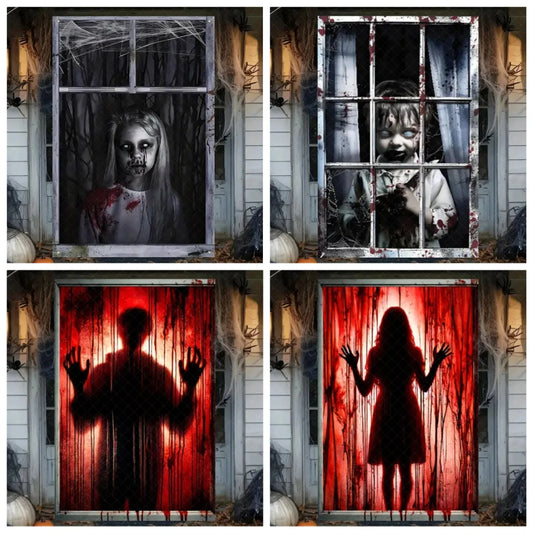 Scary Halloween Window Curtain & Backdrop