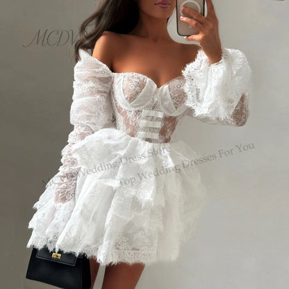 Elegant Off-The-Shoulder Lace & Tulle Mini Bridal Dress