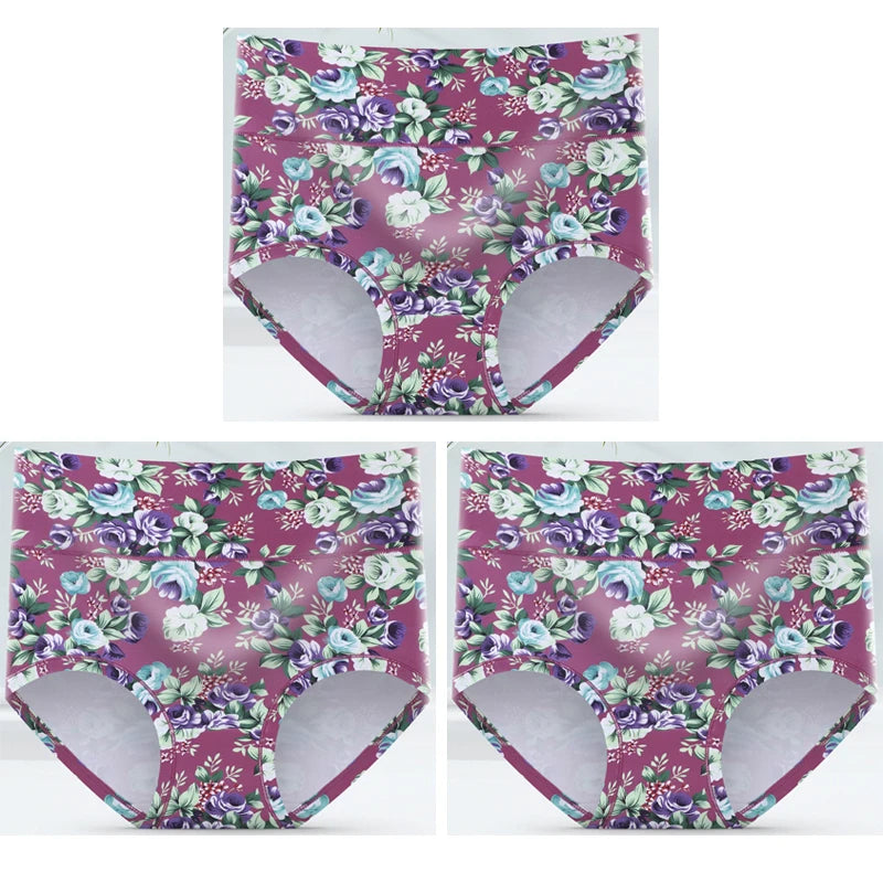 3-Pack Women's Floral Print High-Waisted Briefs - Plus Size Breathable Cotton Panties