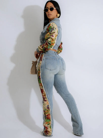 Women's Retro Denim Patchwork Two-Piece Suit