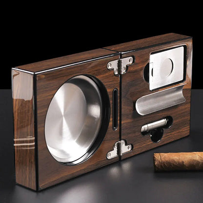 Solid Walnut Wood Foldable Ash Tray with Cigar Cutter Holder