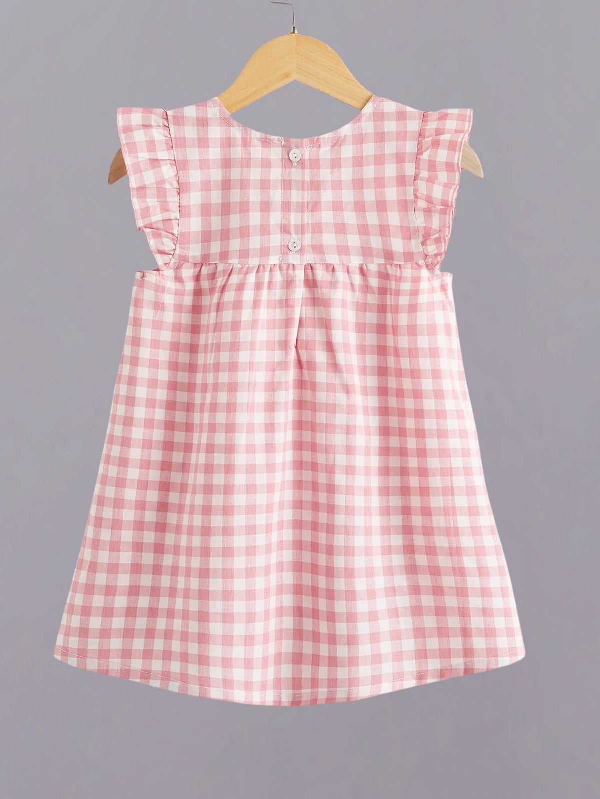 Girls Pink Plaid Plissé Dress with Floral Lace
