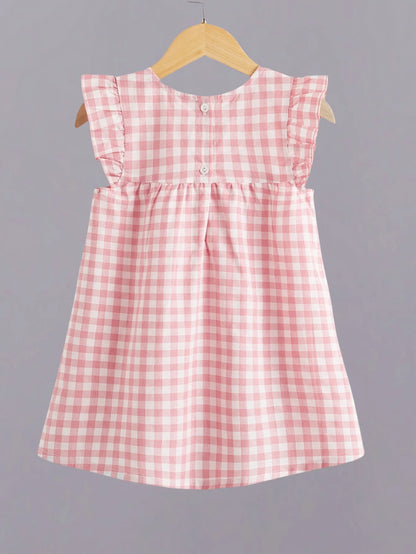 Girls Pink Plaid Plissé Dress with Floral Lace